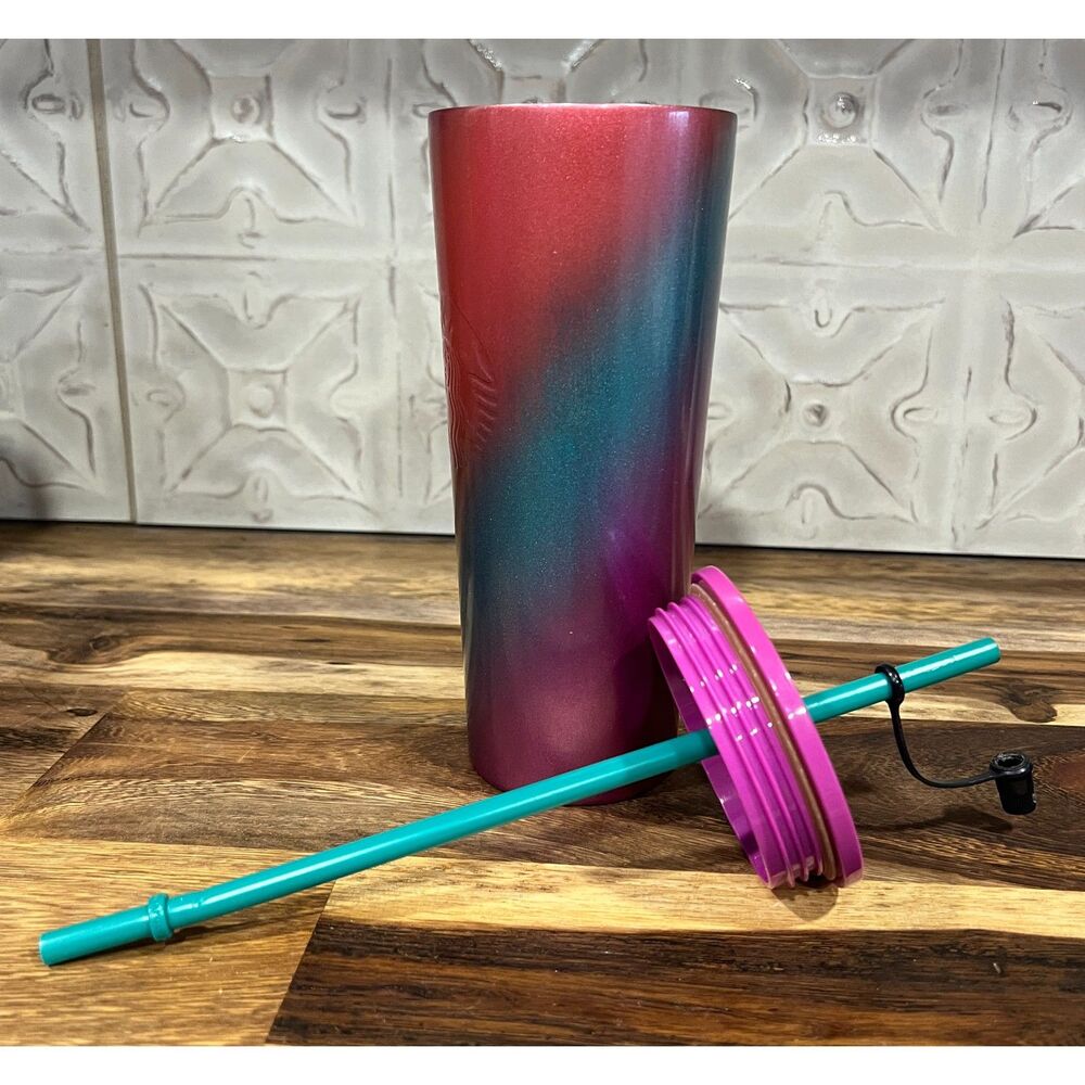 Starbucks 24 oz Metallic Swirl Gradient Tumbler Pink/Teal 2022 Stainless Cup